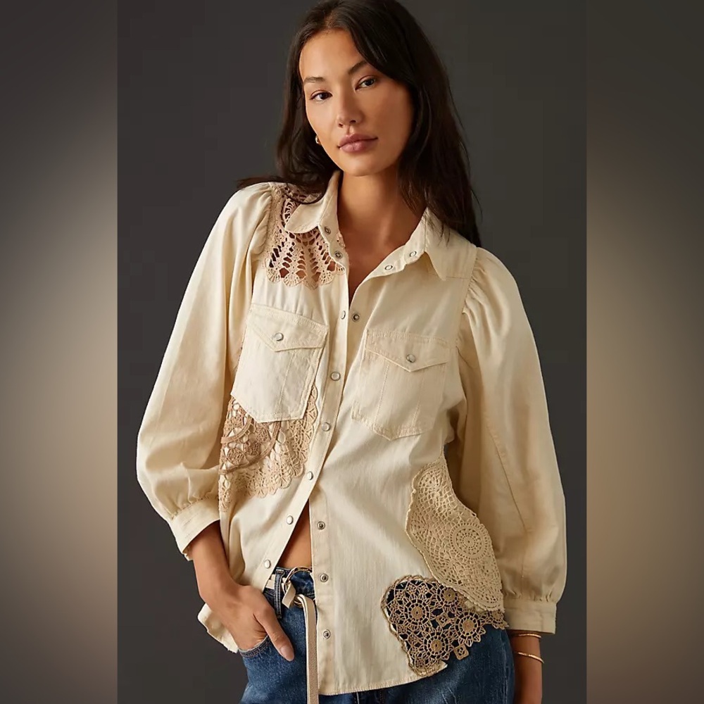 NWOT Anthropologie Pilcro Cream ‎ Puff-Sleeve Shirt Crochet Accents pearl snaps